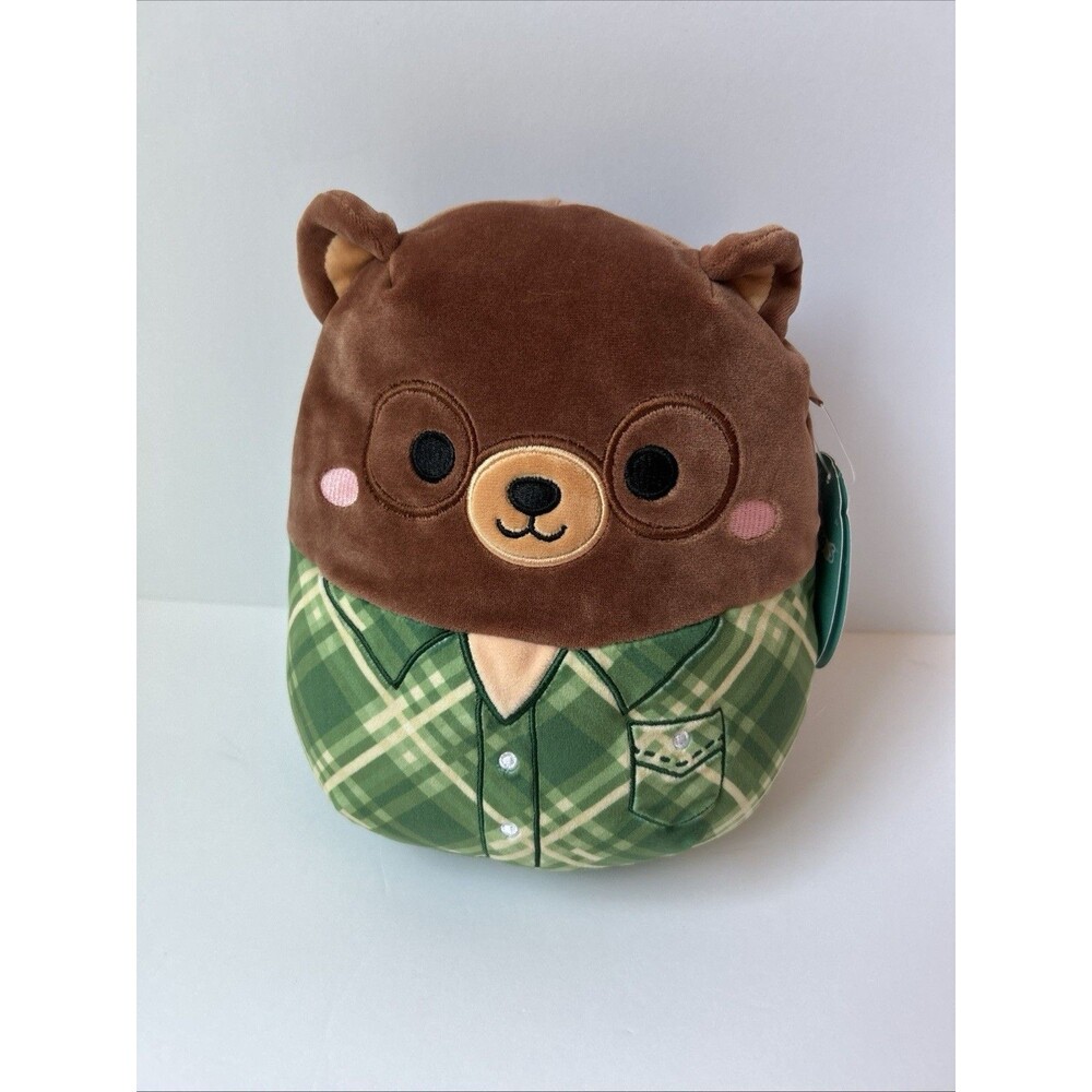 Squishmallows Omar Bear Plush Brown Green Plaid Shirt Washable 2024 Small